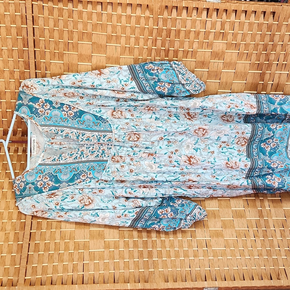 Temofon, Bohemian Teal, Blue, Brown, Floral  Fall, Spring Longsleeve Dress Sz XL - Picture 2 of 10